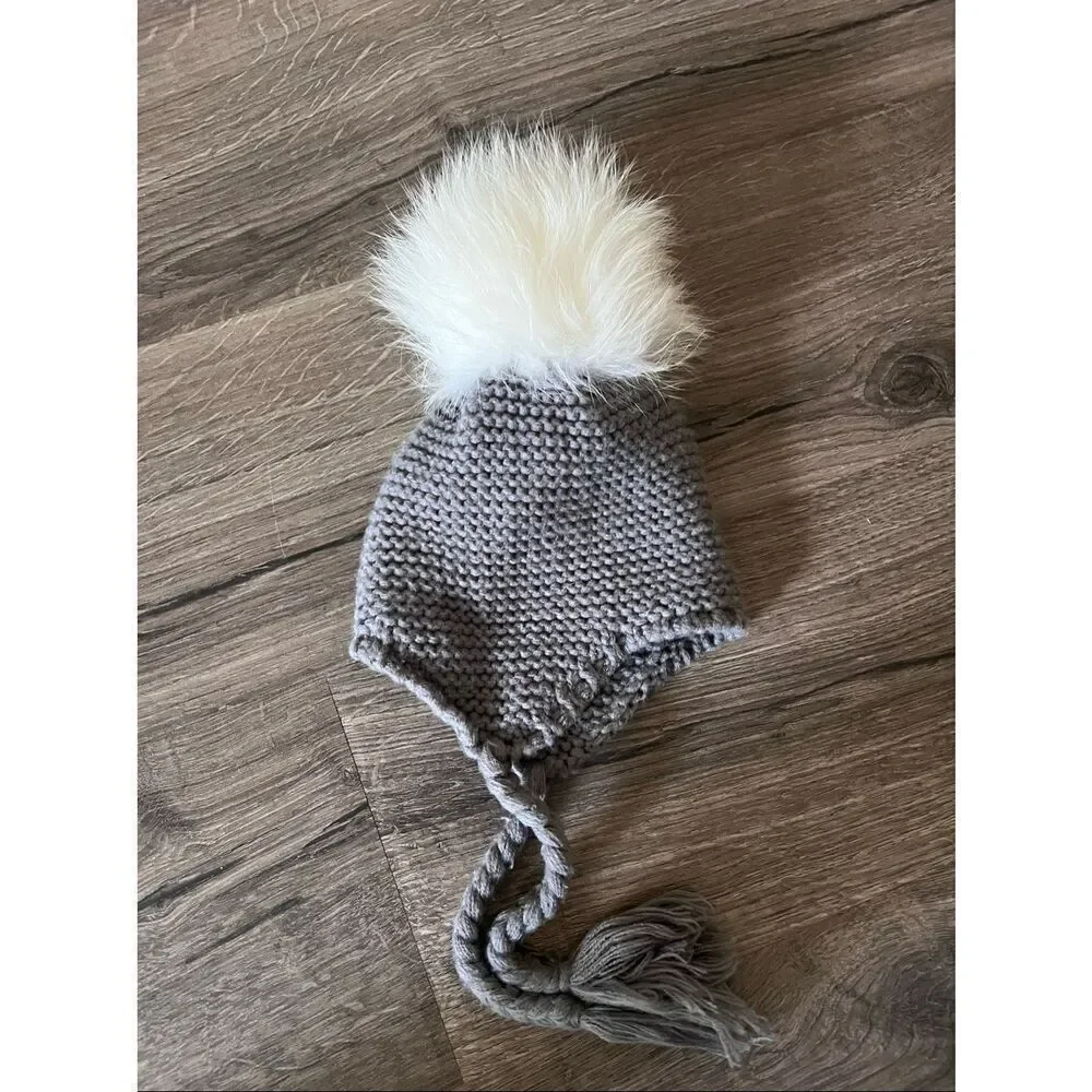 Girl Knitted beanie  with real fur rabbit pompom